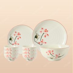 Bộ bát đĩa 9 món men sứ sen hồng - Quà tặng in ấn logo