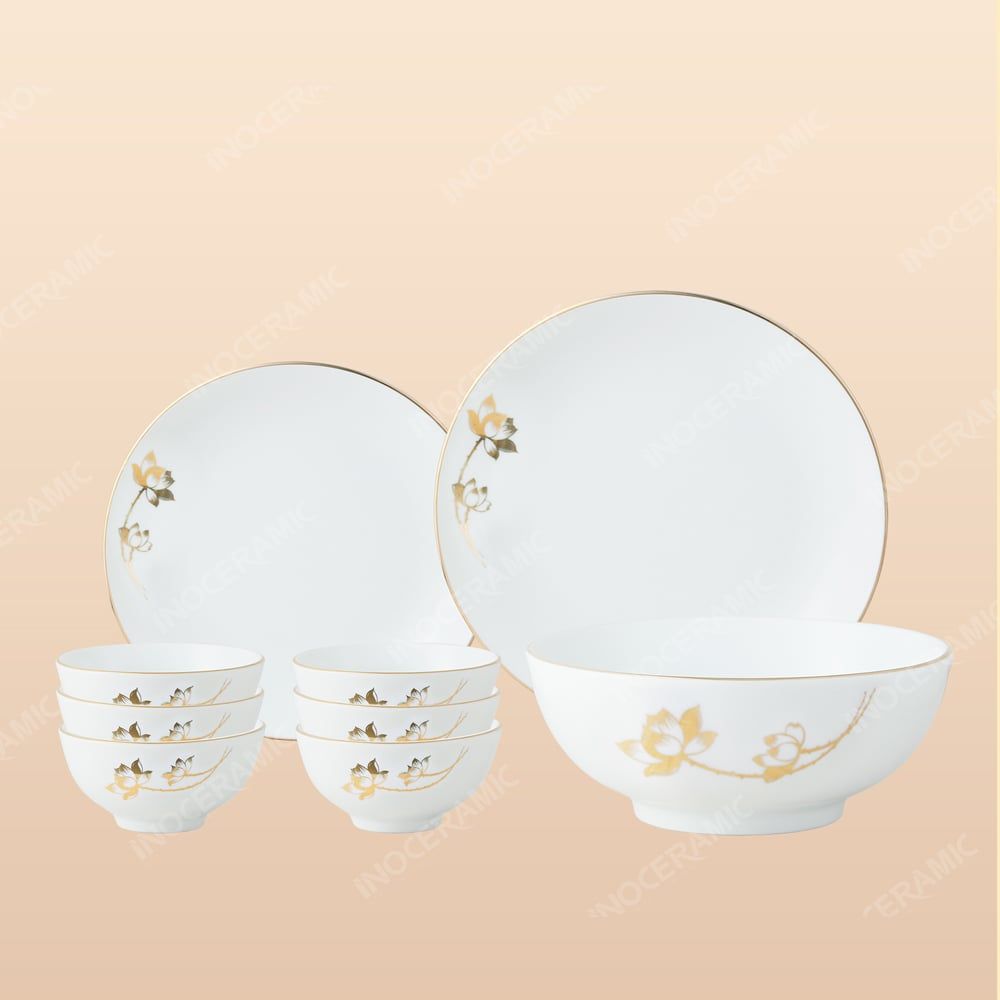 Bộ bát đĩa 9 món men sứ sen vàng - Quà tặng in logo