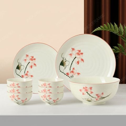 Bộ bát đĩa 9 món men sứ sen hồng - Quà tặng in ấn logo