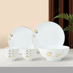 Bộ bát đĩa 9 món men sứ sen vàng - Quà tặng in logo