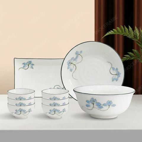 Bộ bát đĩa 9 món men sứ sen xanh - Quà tặng doanh nghiệp