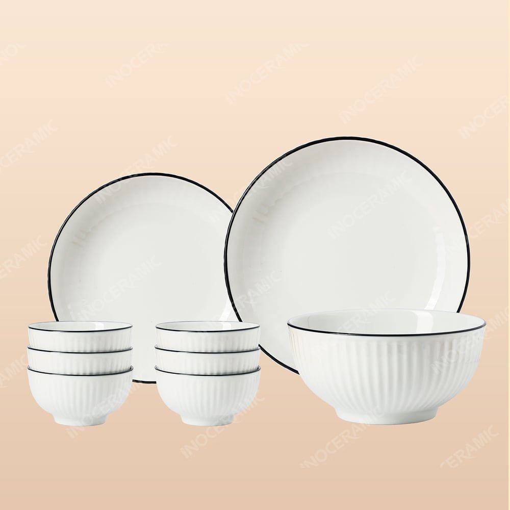 Bộ bát đĩa 9 món men sứ trắng sọc kẻ chỉ - Quà tặng in logo