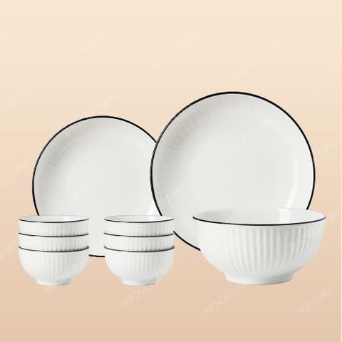 Bộ bát đĩa 9 món men sứ trắng sọc kẻ chỉ - Quà tặng in logo