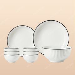 Bộ bát đĩa 9 món men sứ trắng sọc kẻ chỉ - Quà tặng in logo