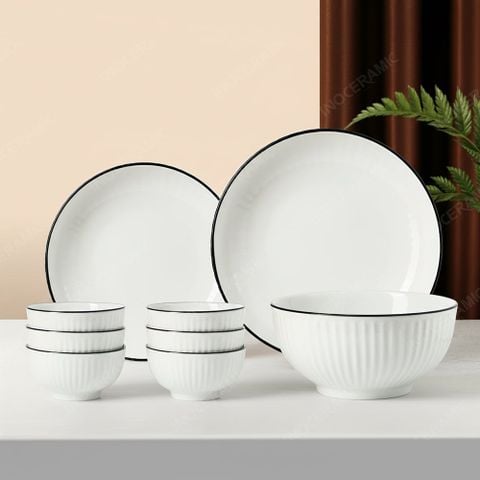 Bộ bát đĩa 9 món men sứ trắng sọc kẻ chỉ - Quà tặng in logo