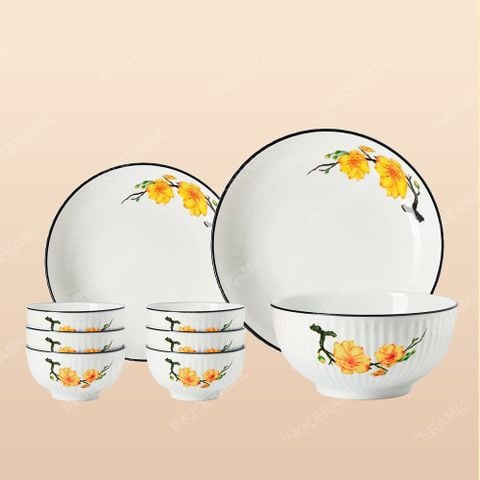 Bộ bát đĩa 9 món men sứ trắng sọc hoa mai - Quà tặng in logo