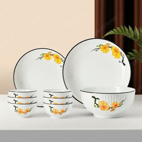Bộ bát đĩa 9 món men sứ trắng sọc hoa mai - Quà tặng in logo