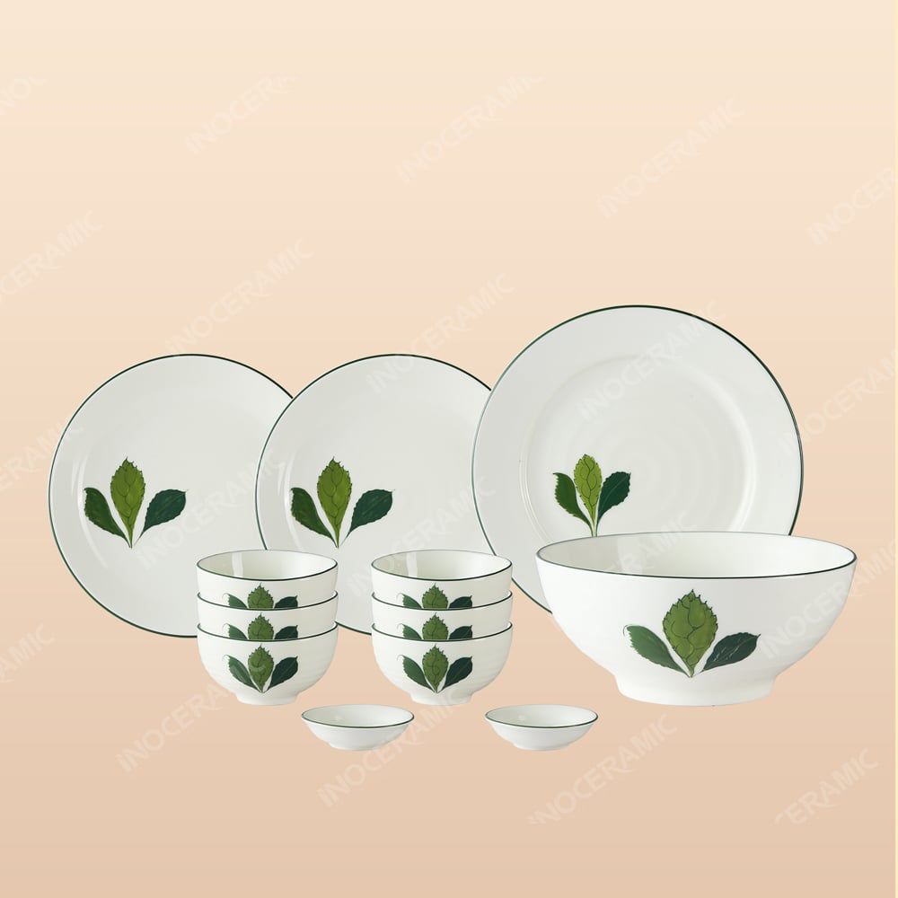 Bộ bát đĩa 12 món men sứ ba lá - Quà tặng Bát Tràng cao cấp