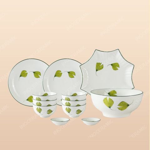 Bộ bát đĩa 12 món men sứ quạt lá - Quà tặng in logo