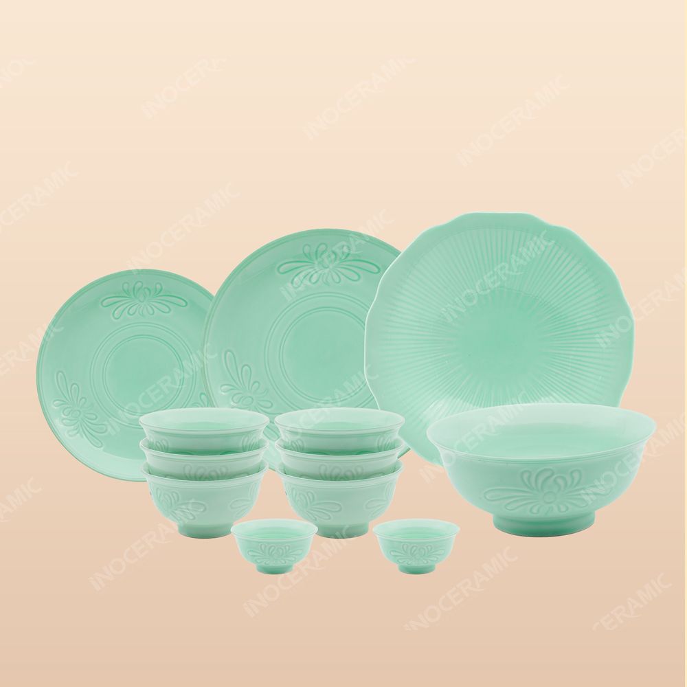 Bộ đồ ăn 12 món men ngọc kẻ vàng - Quà tặng Bát Tràng cao cấp