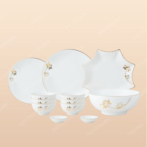 Bộ bát đĩa 12 món men sứ sen vàng - Quà tặng Bát Tràng cao cấp