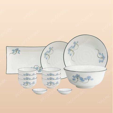Bộ bát đĩa 12 món men sứ sen xanh - Gốm sứ Bát Tràng cao cấp
