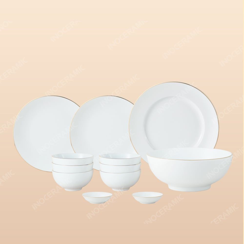 Bộ bát đĩa 12 món men sứ trắng kẻ vàng - Gốm sứ cao cấp in logo