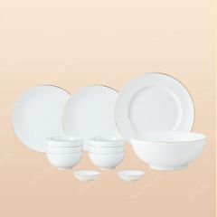 Bộ bát đĩa 12 món men sứ trắng kẻ vàng - Gốm sứ cao cấp in logo
