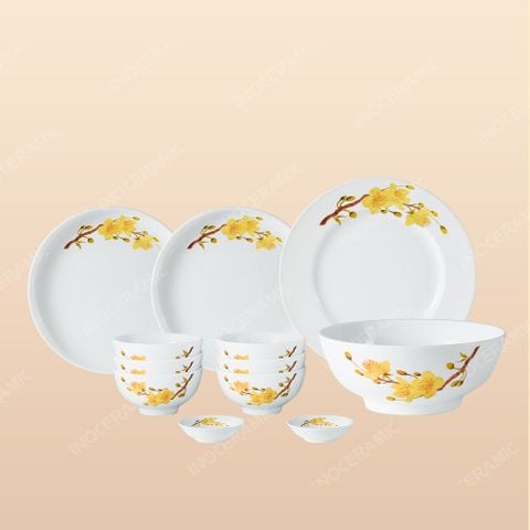 Bộ bát đĩa 12 món men sứ trắng mai vàng - Quà tặng in logo