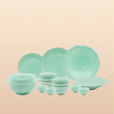 Bộ đồ ăn 16 món men ngọc kẻ vàng - Quà tặng in logo