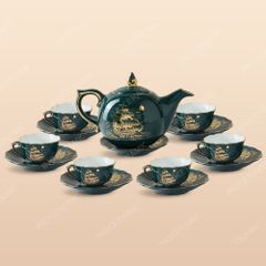 Bộ trà mẫu đơn men lam thuận buồm - Quà tặng Bát Tràng cao cấp