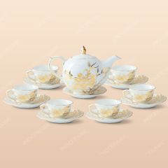 Bộ trà mẫu đơn sen đắp nổi vẽ tay - quà tặng doanh nghiệp