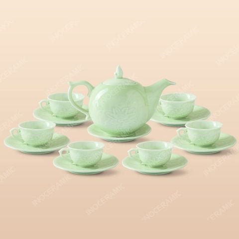 Bộ ấm chén trà mẫu đơn men ngọc khắc sen - Quà tặng in logo