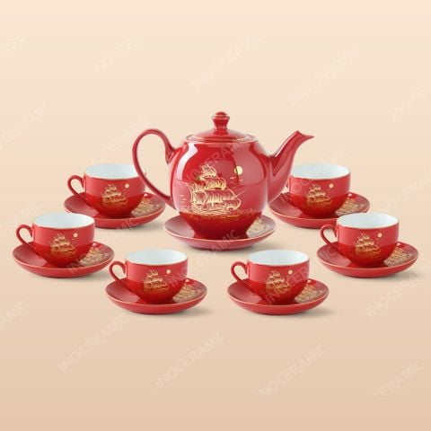 Bộ ấm chén trà dáng Minh Long men đỏ thuận buồm - quà tặng in logo