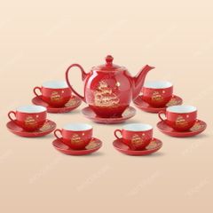 Bộ ấm chén trà dáng Minh Long men đỏ thuận buồm - quà tặng in logo