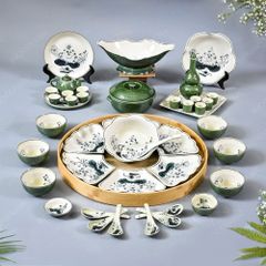 Bộ bát đĩa Hoa Mặt Trời, thờ cúng 43 món - Men xanh đồng - Sen đen vẽ tay