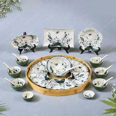 Bộ bát đĩa Hoa Mặt Trời, thờ cúng 26 món - Men xanh đồng - Sen chuồn đen vẽ tay