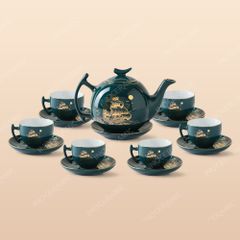 Bộ trà bưởi cành men lam thuận buồm - Quà tặng Bát Tràng in logo cao cấp