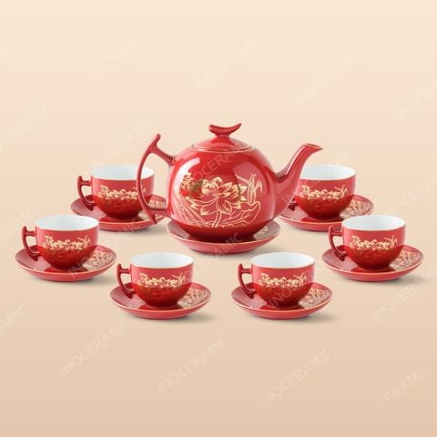 Bộ ấm trà bưởi cành men đỏ sen đại - Quà tặng doanh nghiệp