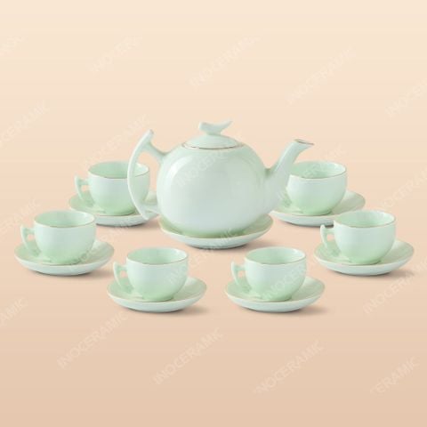 Bộ ấm chén trà bưởi cành men ngọc kẻ vàng - Quà tặng in logo