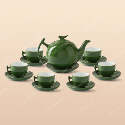 Bộ ấm chén bưởi cành men lục - Quà tặng Bát Tràng cao cấp