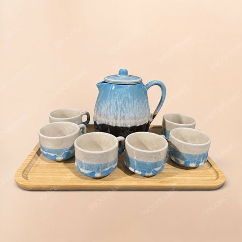 Bộ bình nước men hỏa biến sắc xanh phối gốm sứ Bát Tràng