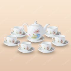 Bộ trà Dáng Minh Long Sen màu vẽ vàng gốm sứ Bát Tràng in logo cao cấp