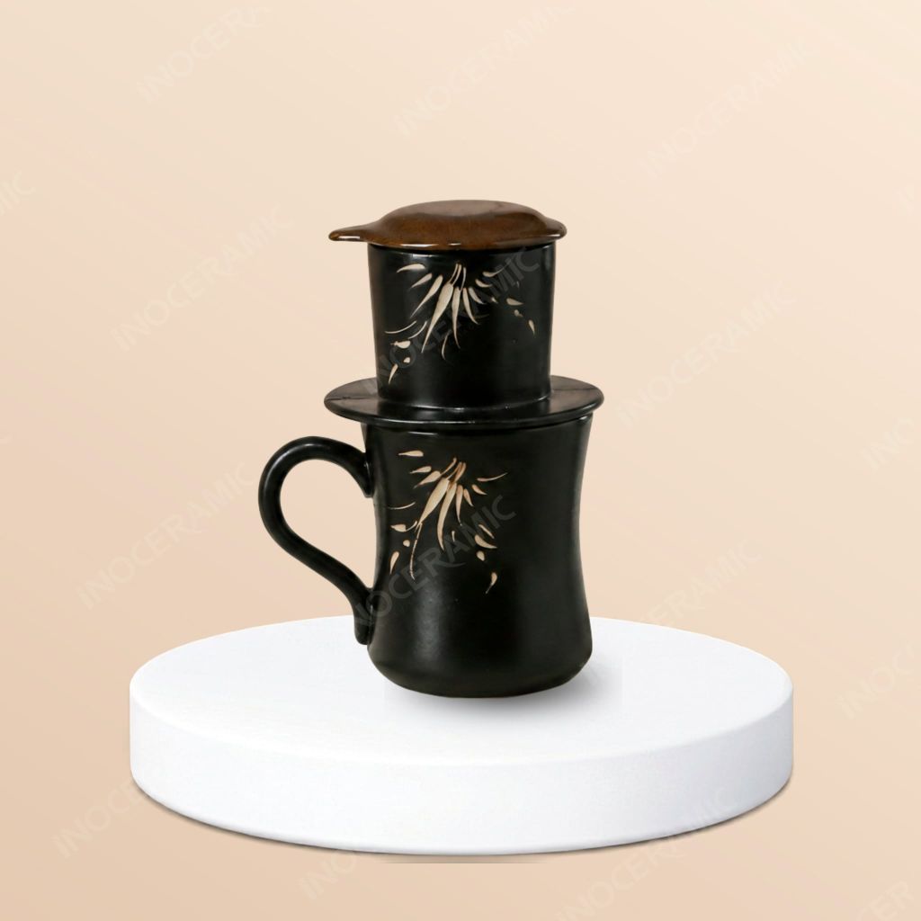 Bộ cafe phin men đen khắc lá trúc