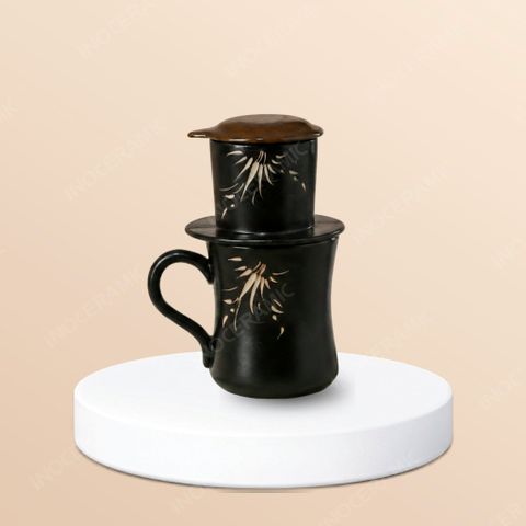 Bộ cafe phin men đen khắc lá trúc