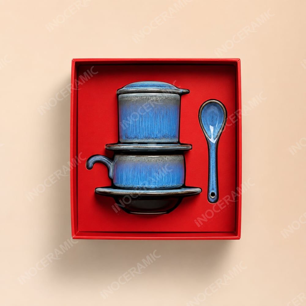 Giftset quà tặng phin sứ kèm thìa Hoài Mộc