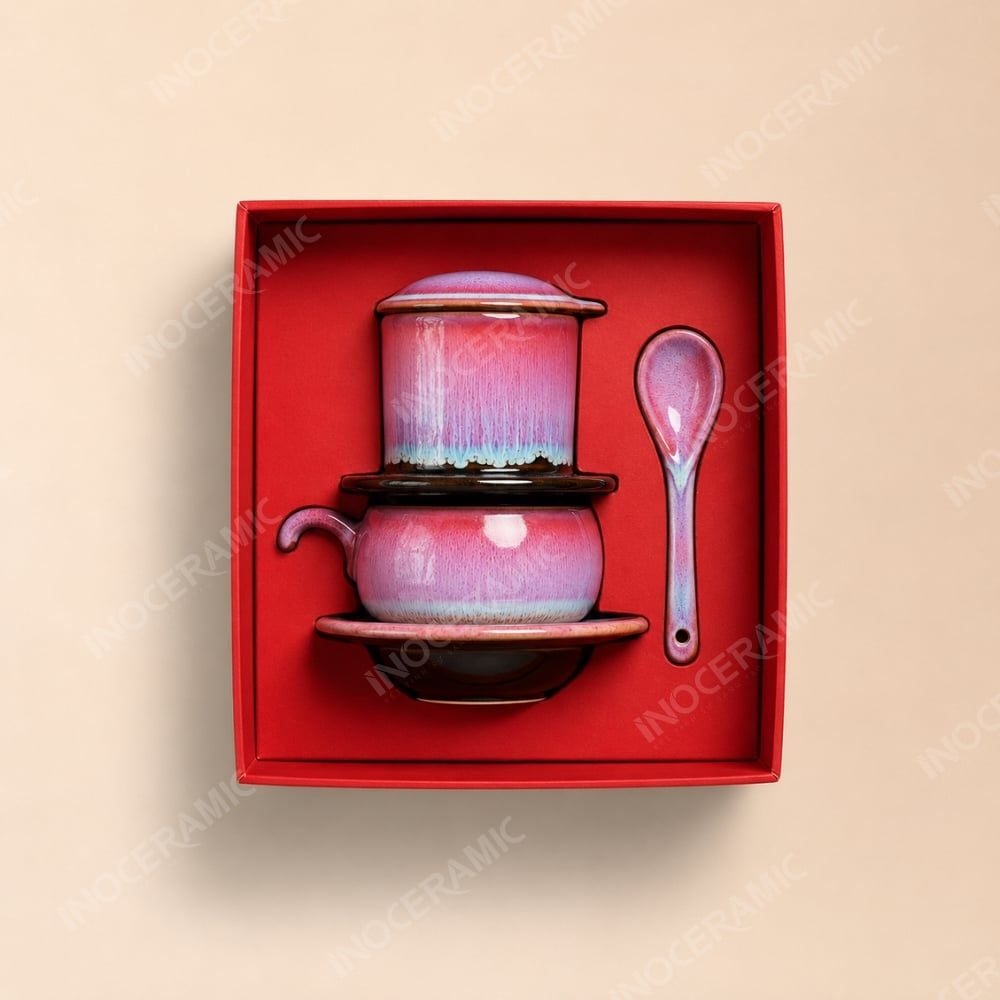 Giftset quà tặng phin sứ kèm thìa Hoài Mộc