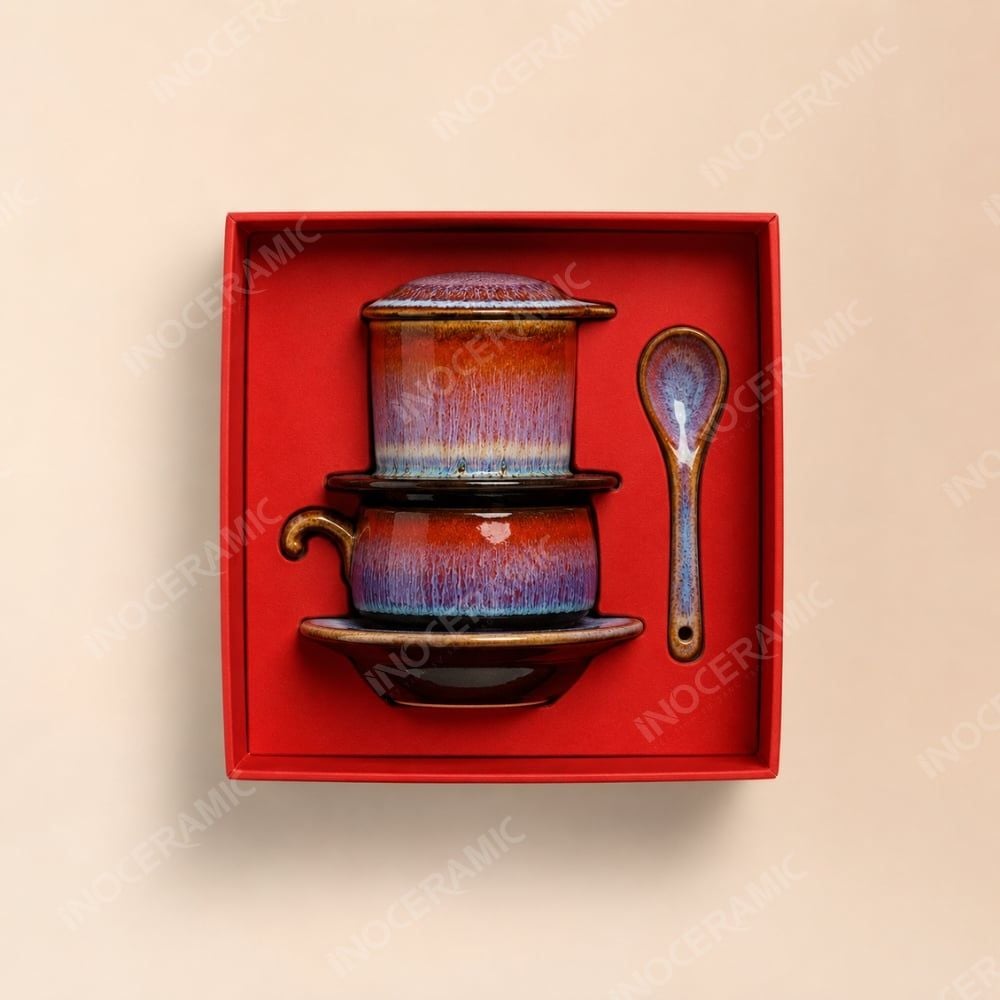 Giftset quà tặng phin sứ kèm thìa Hoài Mộc