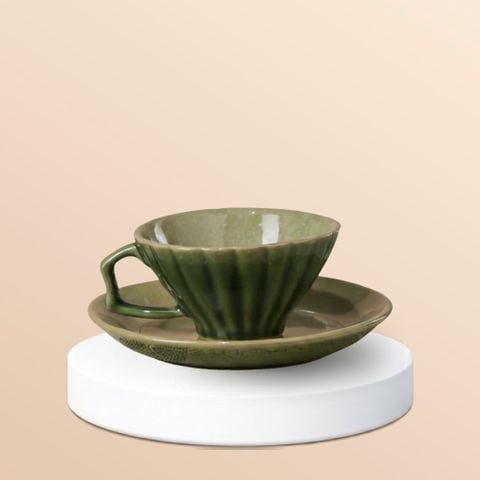 Bộ tách sứ gân sọc xanh rêu dáng loe