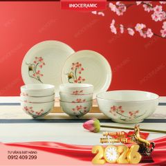 Set quà Tết bát đĩa Bát Tràng 9 sản phẩm in logo doanh nghiệp sắc nét