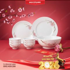 Combo bát đĩa hoa Đào Hồng 9 món cao cấp in logo làm quà Tết sang trọng