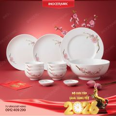 Bộ bát đĩa quà tặng Tết cao cấp 12 món Đào Hồng in logo doanh nghiệp