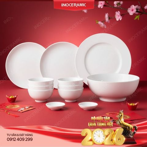 Bộ bát đĩa men trắng quà tặng Tết 12 sản phẩm cho công nhân, viên chức