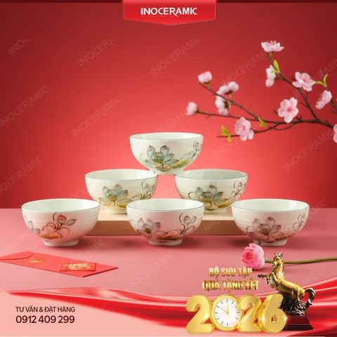 Bộ 6 bát cơm hoa sen xanh Bát Tràng - Món quà năm mới ý nghĩa cho Công Đoàn