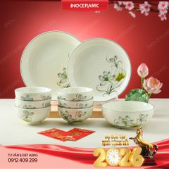 Bộ bát đĩa Bát Tràng 9 sản phẩm hoa Sen Xanh - Quà tặng Tết in logo sắc nét