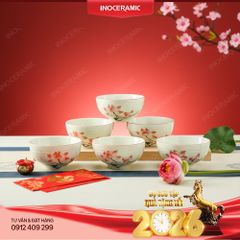 Bộ 6 bát cơm hoa Sen Hồng vẽ tay Gốm Sứ Bát Tràng - Quà Tết in ấn logo
