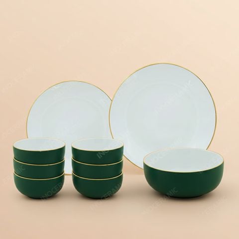 Set bộ đồ ăn 9 món men lục kẻ chỉ vàng Bát Tràng – Quà Tết sang trọng