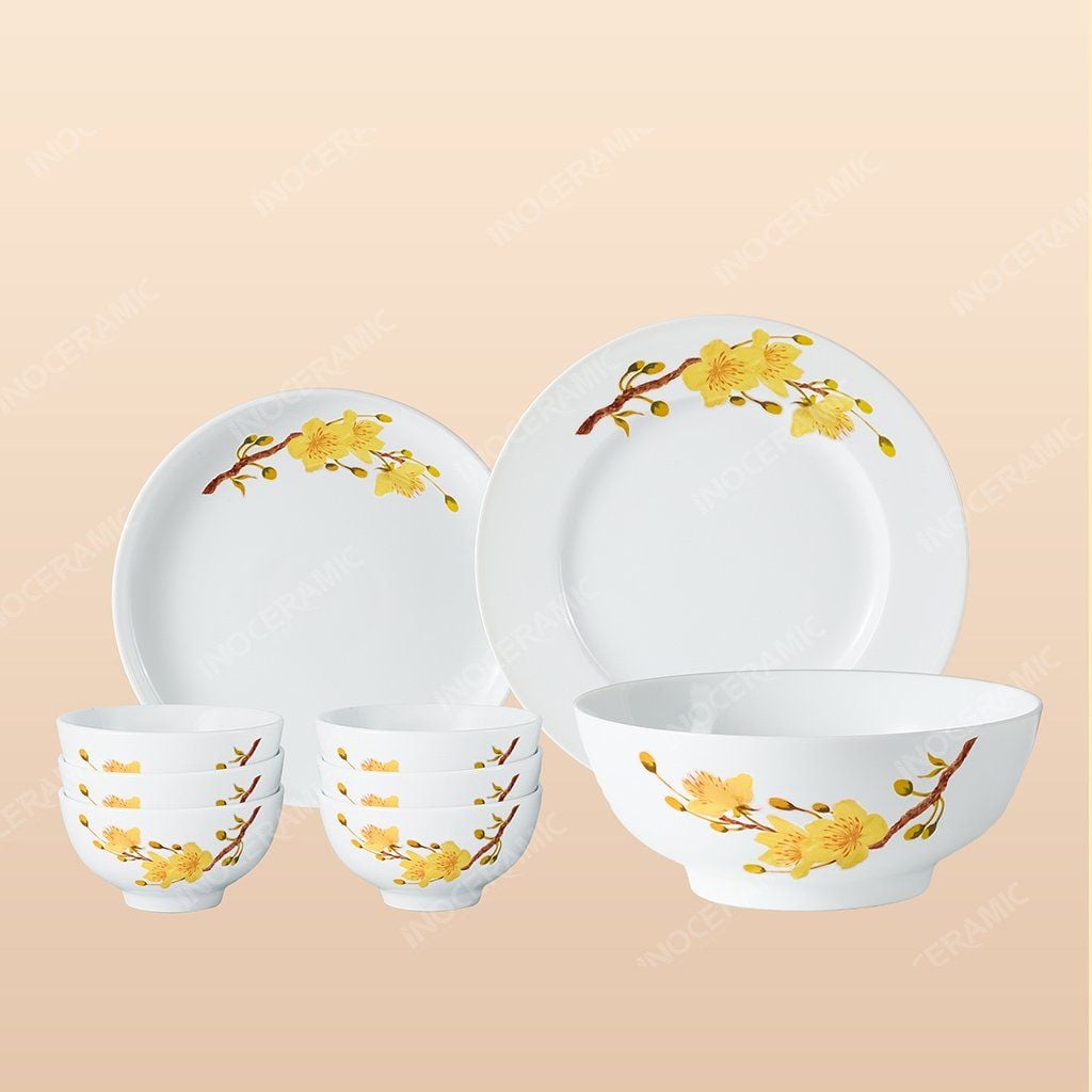 Set bộ đồ ăn 9 món men trắng vẽ mai vàng Bát Tràng – Quà Tết cao cấp