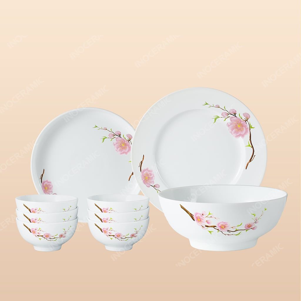 Combo bộ đồ ăn 9 món men trắng hoa đào hồng Bát Tràng – Quà Tết cao cấp