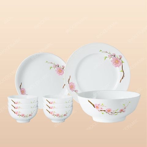 Combo bộ đồ ăn 9 món men trắng hoa đào hồng Bát Tràng – Quà Tết cao cấp